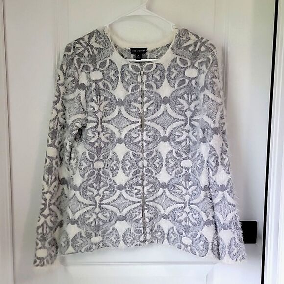 The Limited Gray and White Zippered Long Sleeve Eyelash Cardigan Sweater - Small - Picture 2 of 16